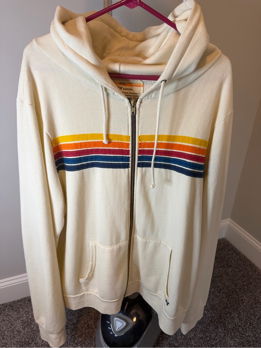 Aviator Nation Vintage White Zip Hoodie with Rainbow Stripe
